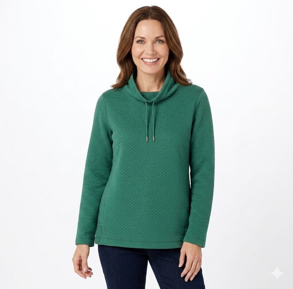 L.L. Bean Quilted Cowl Neck Pullover Top Size XL Green Diamond Knit Drawstring